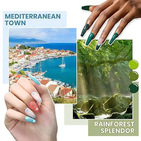 a woman's hand with a manicure and a picture of a town