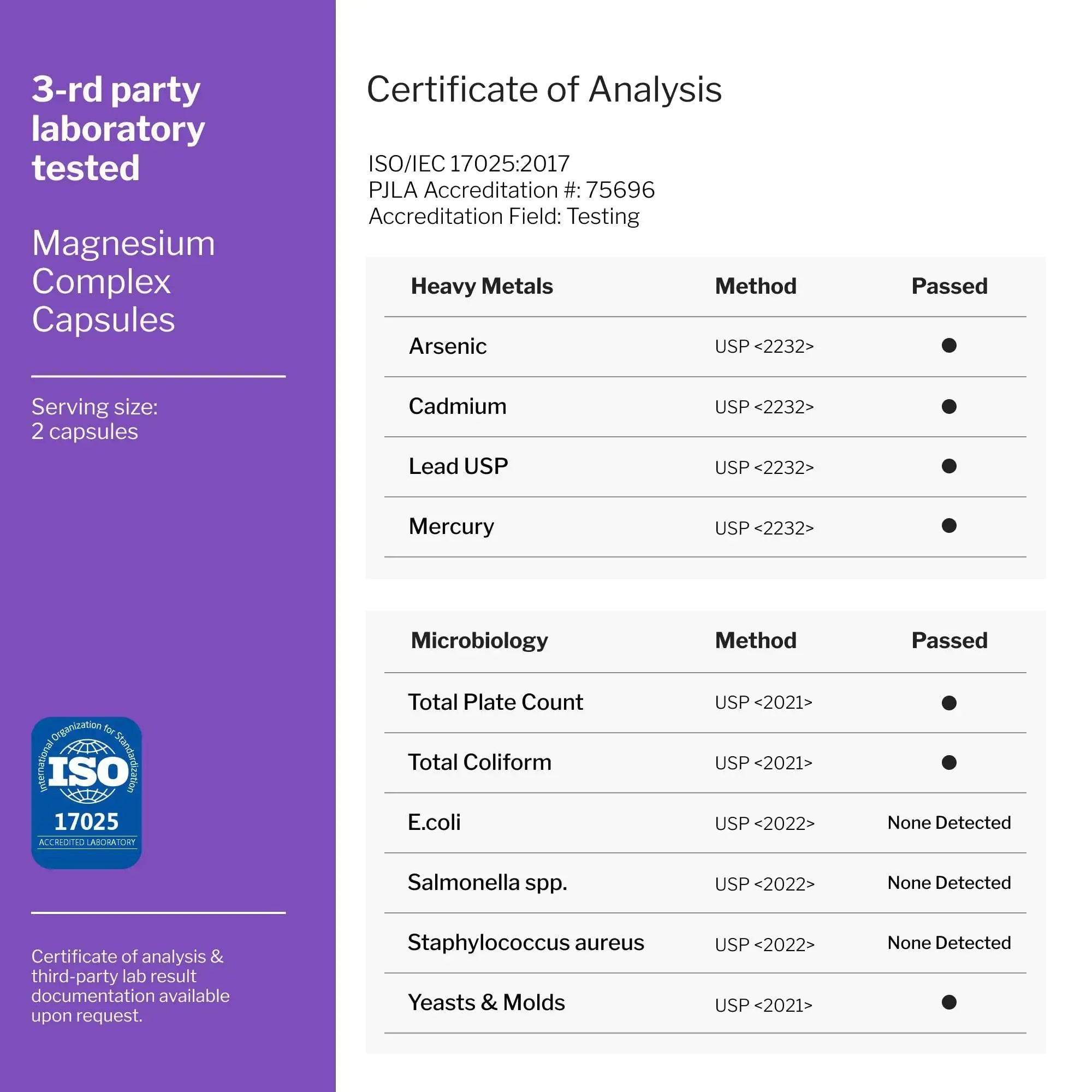 A certificate of analysis for Blooming Violets' multi magnesium complex supplement, showcasing its testing for heavy metals and microbiology. Customers can feel secure with this relaxing magnesium supplement that supports stress relief and cognitive health, made with oxide, citrate, malate, and taurate, plus your order comes with free shipping!