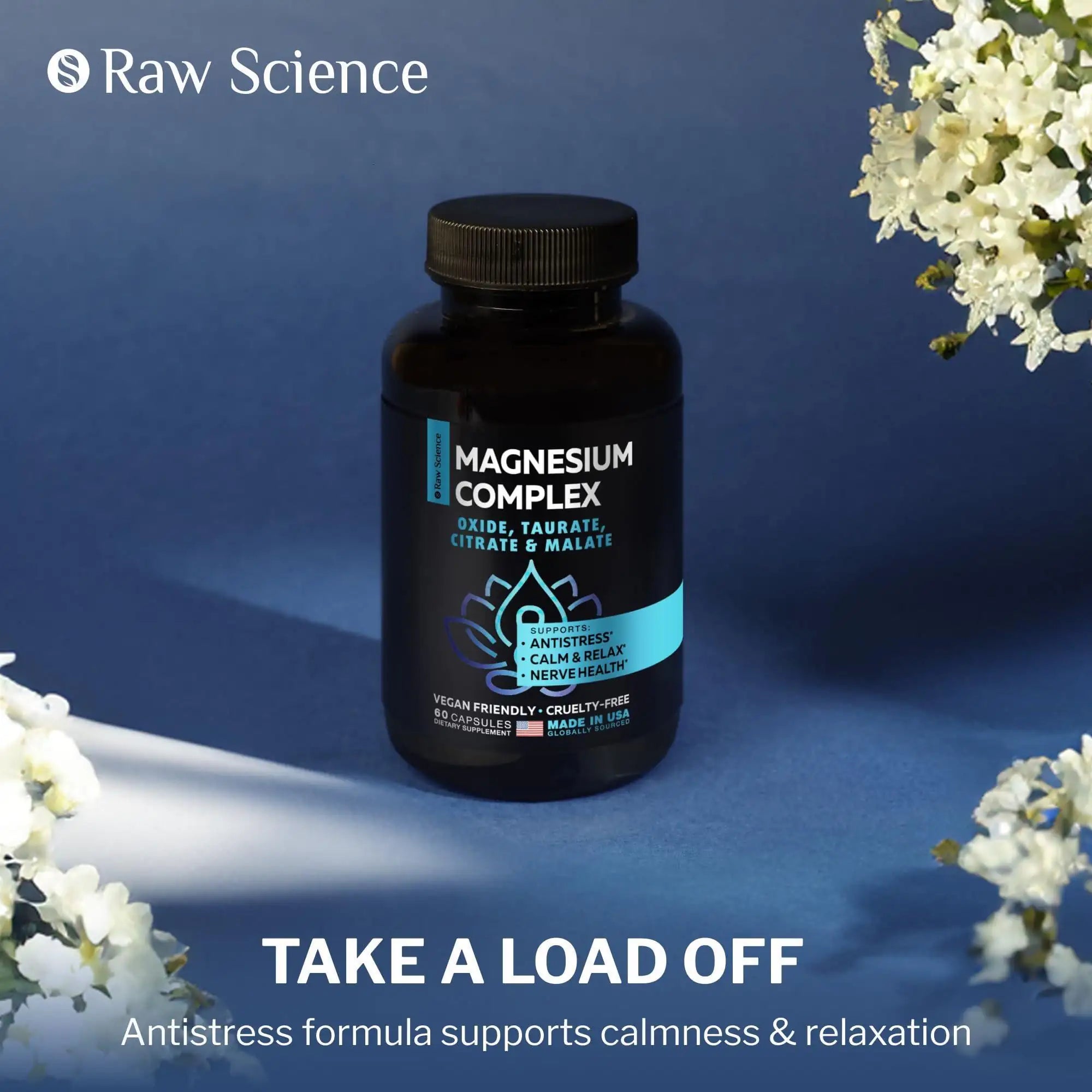 A visually appealing image featuring a bottle of Blooming Violets' magnesium complex supplement with a beautiful floral background. This supplement, designed for total wellness, contains citrate, malate, and oxide, aiding in sleep and relaxation while supporting nerve health. Order now for free shipping and enjoy a stress relief experience.