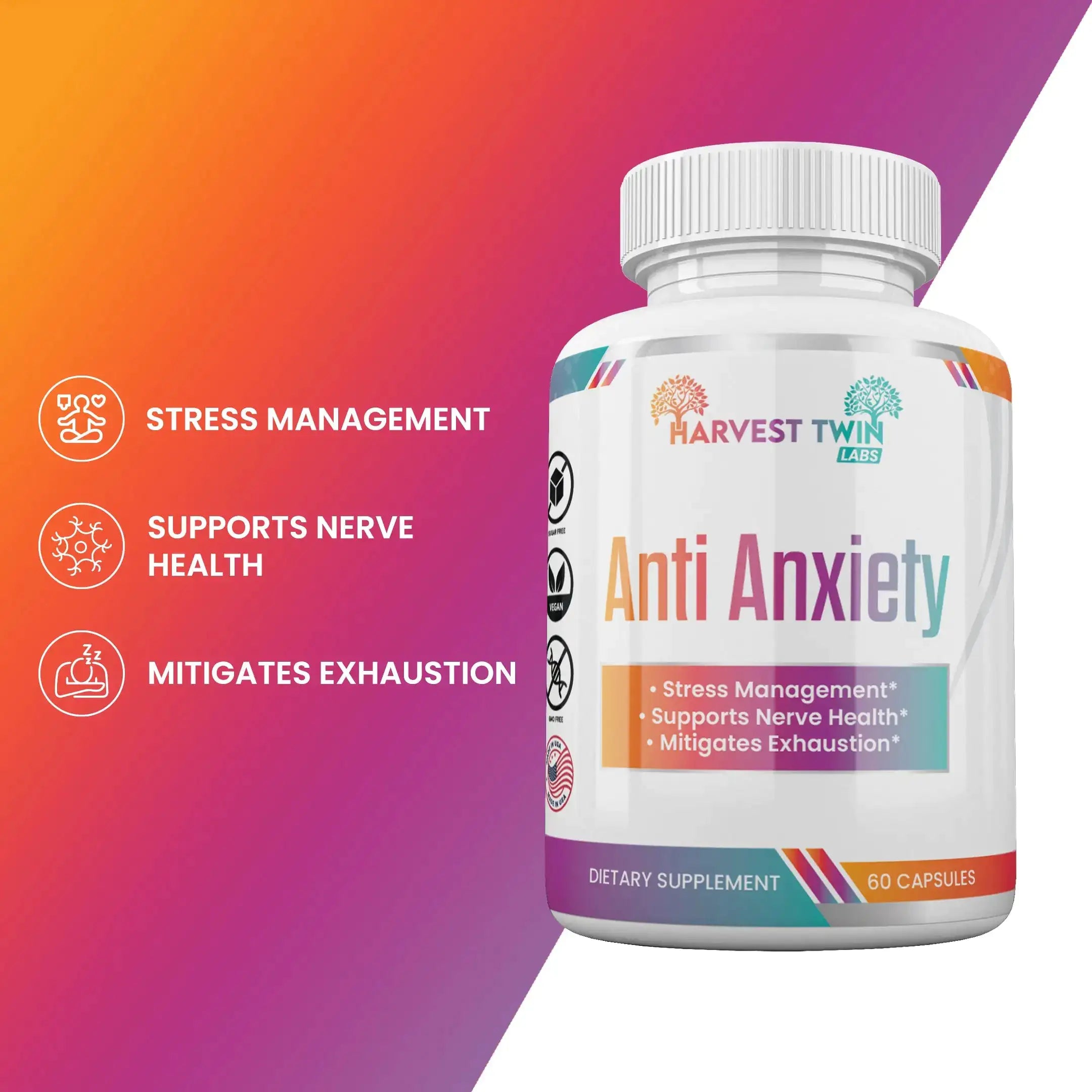 A close-up of Harvest Twin Labs Anti-Anxiety supplement bottle detailing its stress reduction benefits. This well-designed supplement supports lower cortisol levels, mood balance, and overall health. This stress reduction supplement from Blooming Violets includes free shipping.