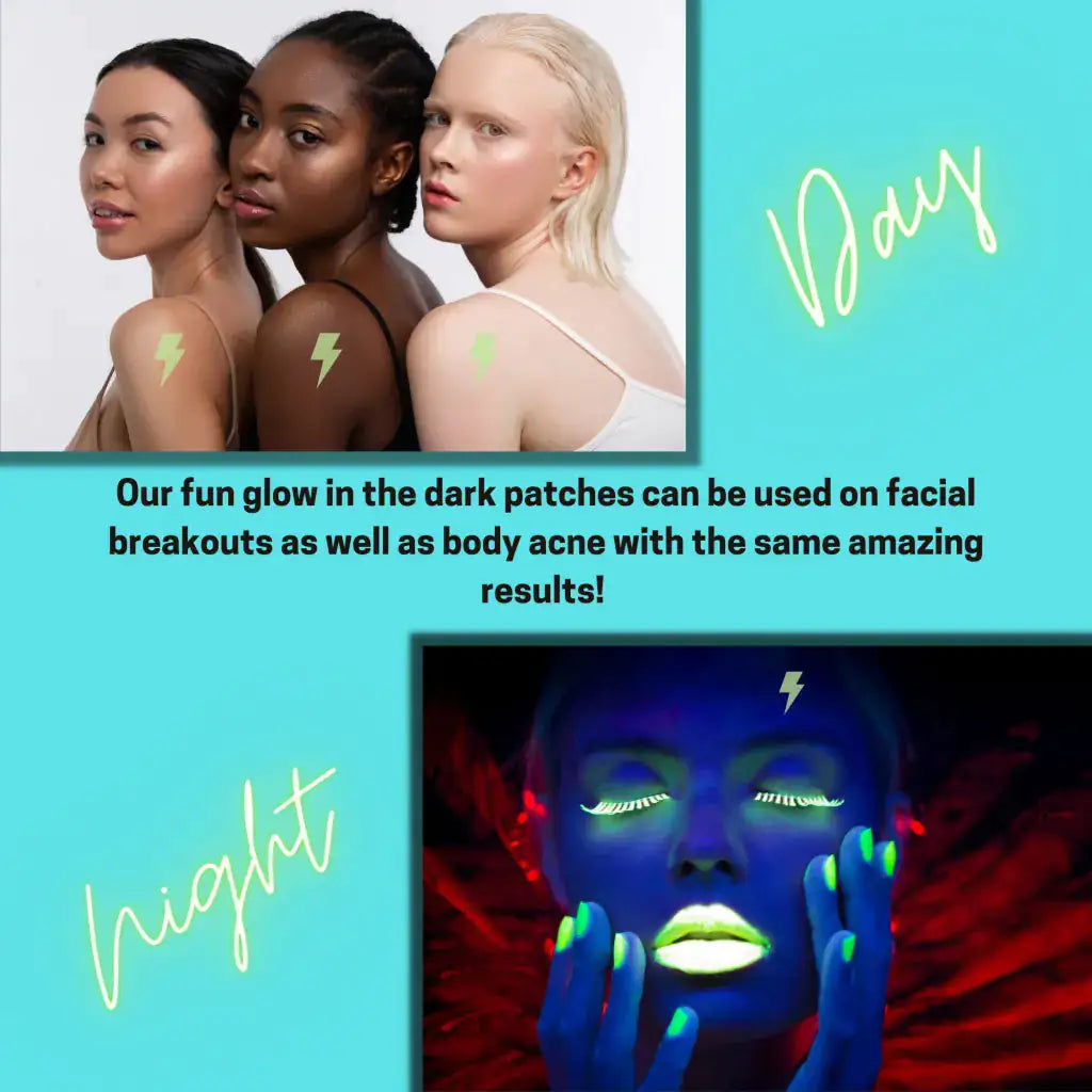 This image presents a diverse group of models using Blooming Violets' Glow In The Dark Hydrocolloid Acne Pimple Patches, demonstrating their versatility for both facial and body acne. These glow in the dark pimple patches offer effective antiacne treatments while being a fun accessory in your skincare arsenal. Don't forget to enjoy free shipping on these must-have skincare essentials.