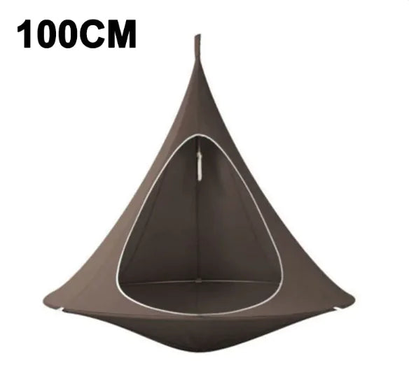 Blooming Violets Outdoor Air Hanging Hammock Tent Cone Chair in dark brown, showcasing its spacious interior and sturdy design. This hammock tent chair is made from durable oxford cloth, lightweight and foldable for easy outdoor installation, perfect for enjoying the sun.
