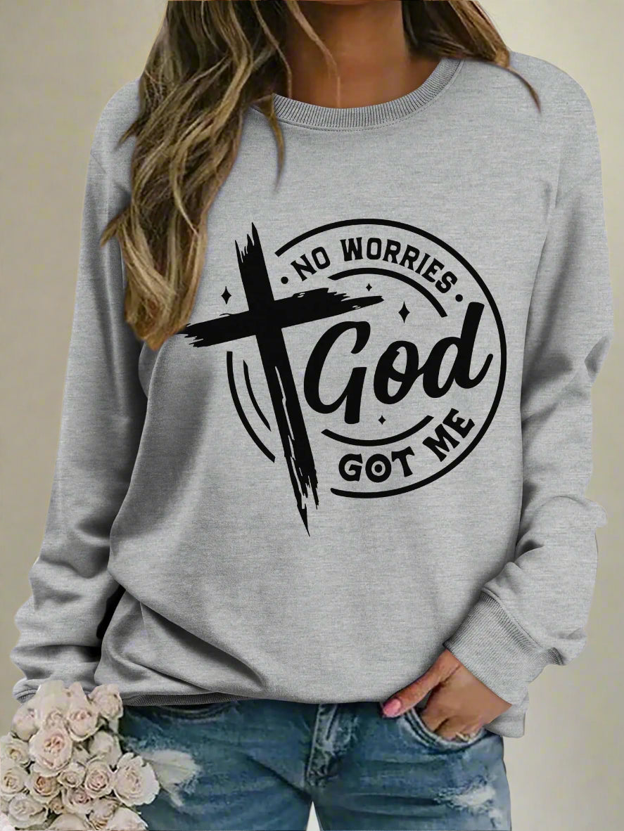 Comfortable OUNAR Christian Sweatshirt for Women from Blooming Violets with a prominent 'No Worries God Got Me' print, perfect for those who appreciate faith-based fashion. These christian sweatshirts for women offer a stylish way to express spirituality while ensuring comfort and relaxation for any casual setting.