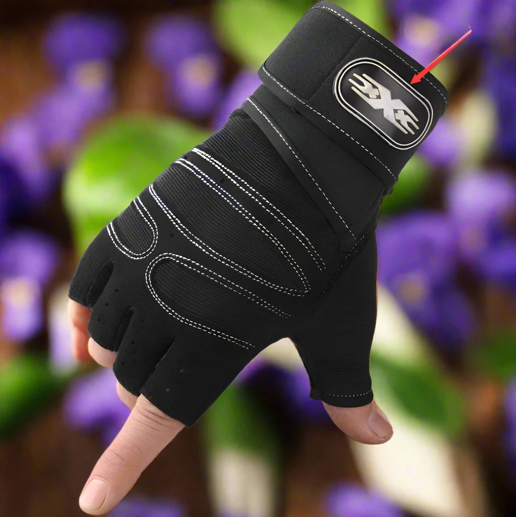 a person wearing a black glove with a red tip