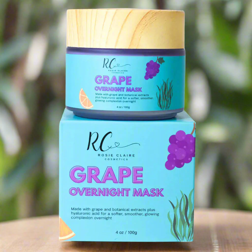 Rosie Claire Overnight Hydrating Antioxidant Vitamin C Hyaluronic Acid Sleeping Facial Mask featuring a vibrant grape design. A perfect skincare essential for glowing skin available from Blooming Violets, ideal for ladies, men, and teens looking for effective overnight hydration. Enjoy free shipping on this nourishing mask.