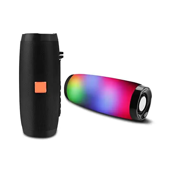 a colorful speaker next to a black speaker