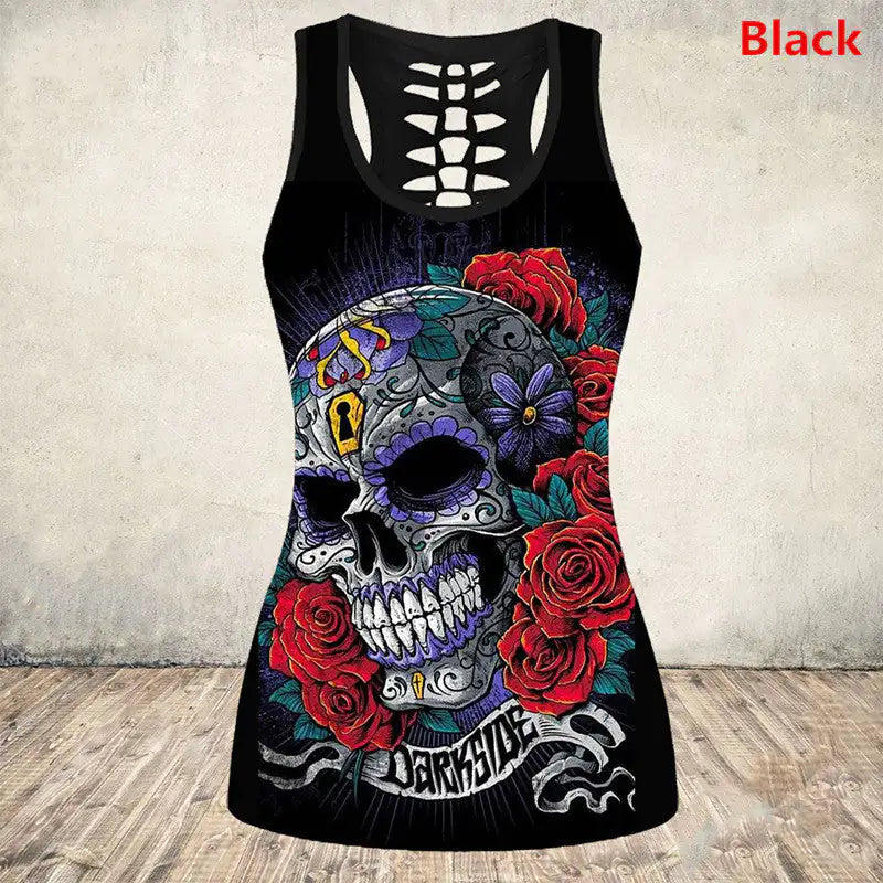 a women's tank top with a skull and roses on it