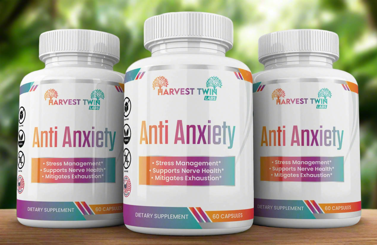 Three bottles of Harvest Twin Labs Anti-Anxiety supplements focused on stress reduction, showcasing their benefits like calming effects and lower cortisol levels. This stress reduction supplement is perfect for supporting mental health and alleviating anxiety, with free shipping from Blooming Violets.