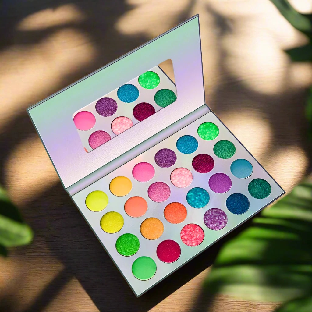 a box of colorful eyeshades sitting on a table