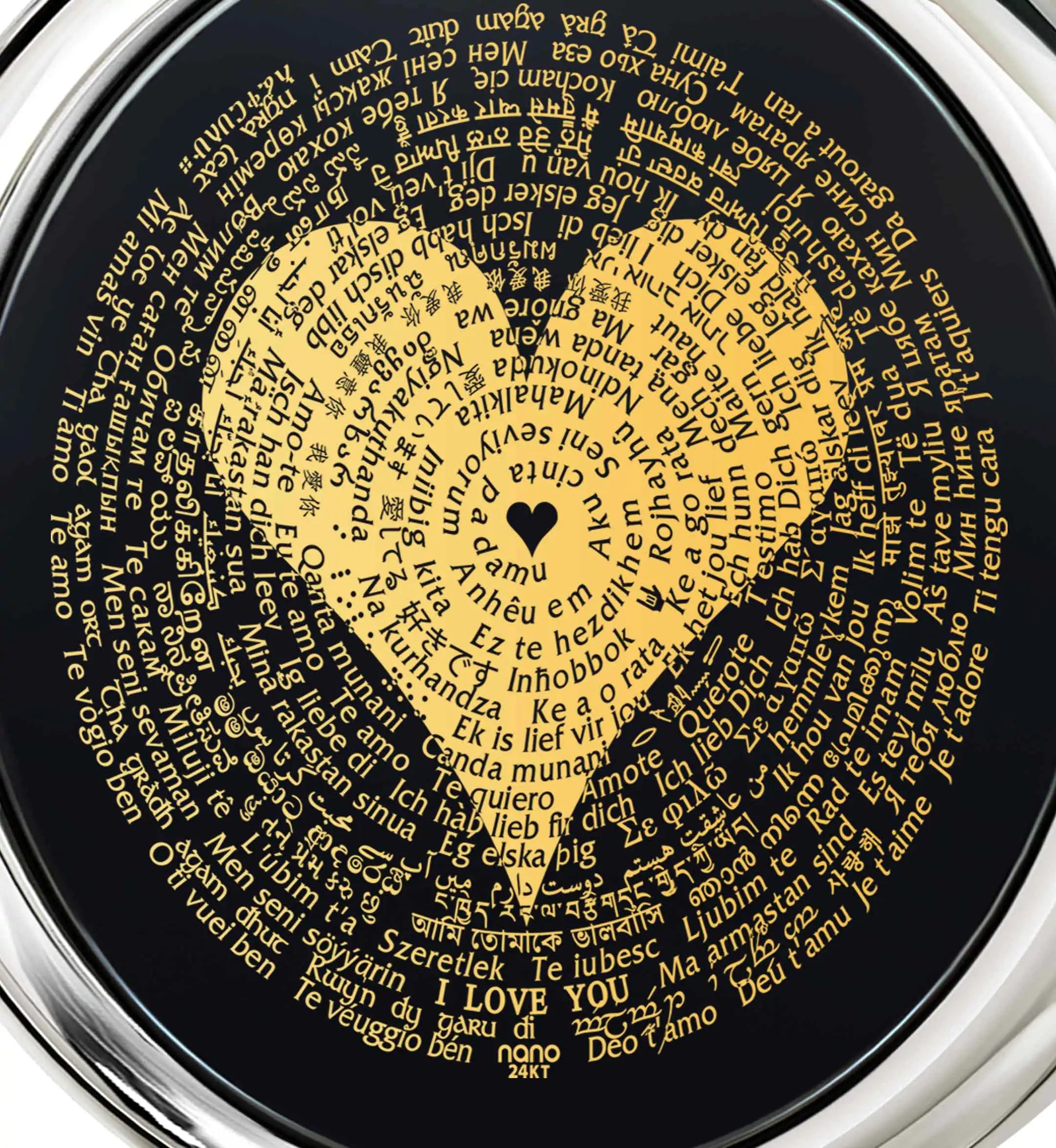 a black and gold heart with words written on it