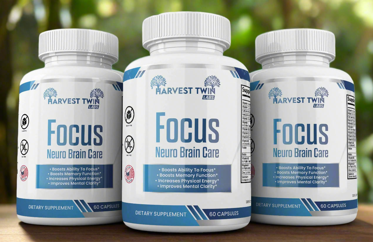 Three bottles of Neuro Plus Brain and Focus by Blooming Violets, designed as a focus and concentration aid with natural ingredients to enhance brain function, featuring labels that highlight its benefits related to ADHD, memory, and self-care. Each bottle contains 60 capsules for personal care. Enjoy free shipping on this supplement for brain health.