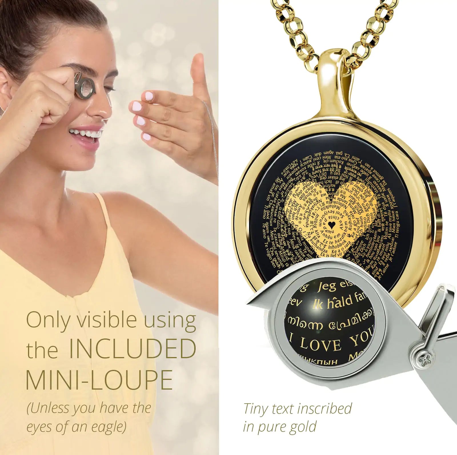 a woman wearing a necklace with a heart on it