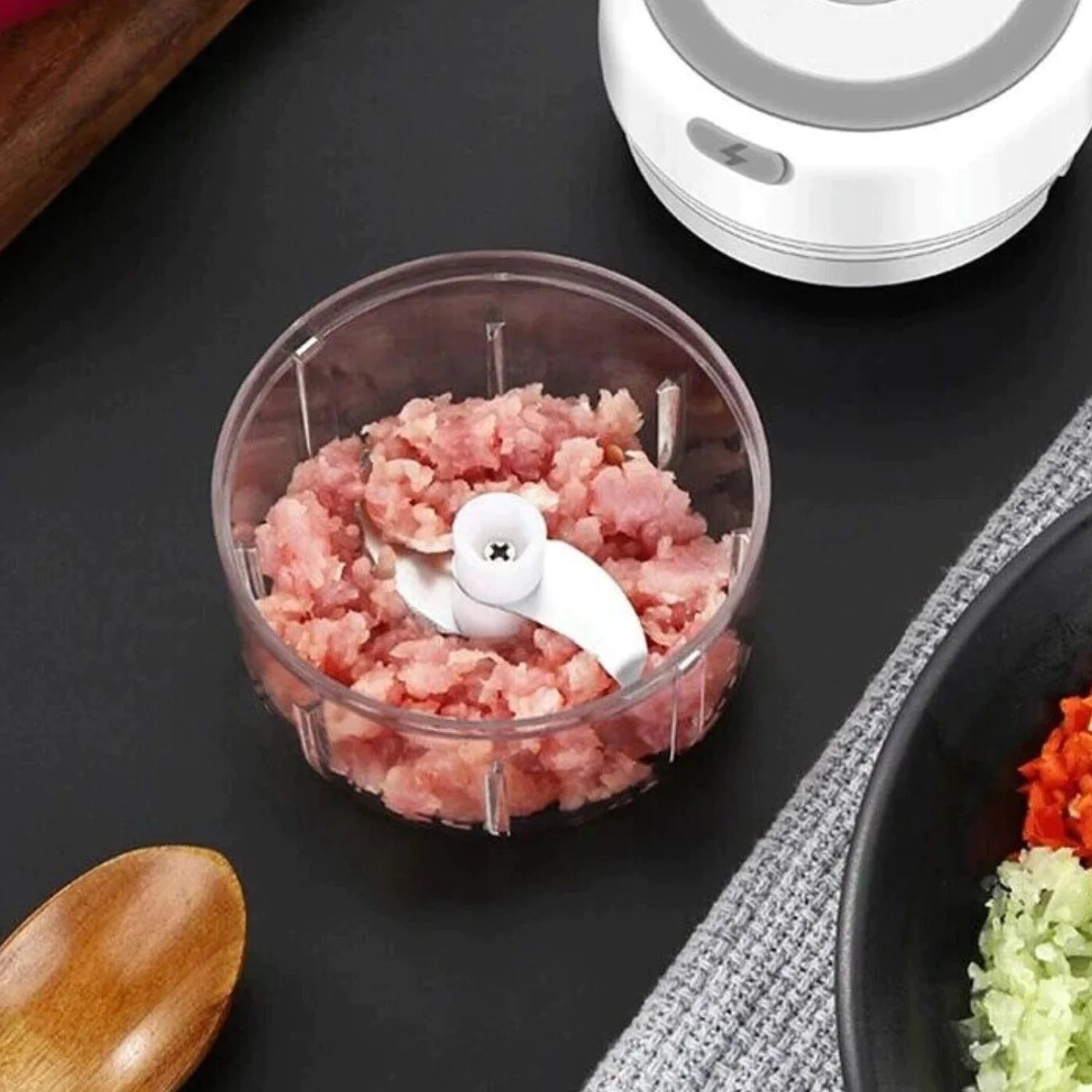 a close up of a food processor on a table
