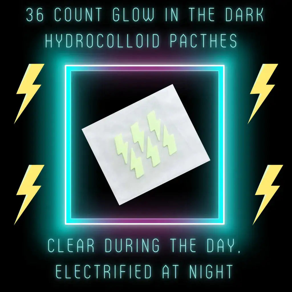 Image showcasing Blooming Violets' Glow In The Dark Hydrocolloid Acne Pimple Patches, featuring a vibrant design with lightning motifs. These glow in the dark pimple patches are perfect for treating acne effectively. Ideal for skincare enthusiasts looking for antiacne solutions with the added benefit of fun aesthetics. Enjoy free shipping while ensuring your skincare routine is on point with these essential patches.