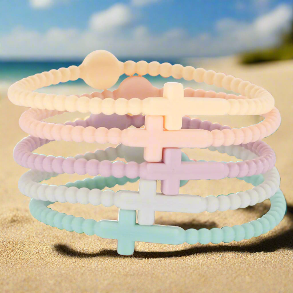 5Pcs Cross Silicone Bracelet Colorful Rubber Cross Bracelets Protection Pray Inspirational Faith Religious Christian Bracelet for Women Men Jewelry by Blooming Violets, perfect for expressing Christian faith jewelry. Made from soft rubber and silicone, this set emphasizes hope and inspiration within a religious lifestyle.