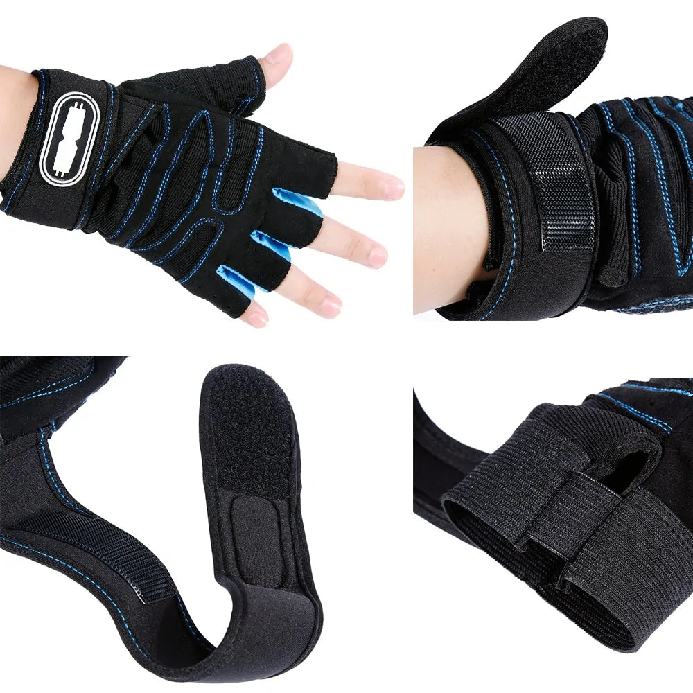 a pair of black gloves with blue stitchs