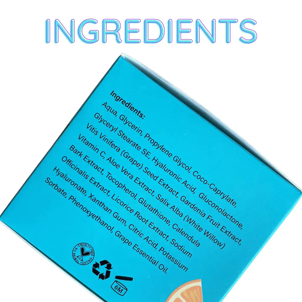 Ingredient list of Rosie Claire Overnight Hydrating Antioxidant Vitamin C Hyaluronic Acid Sleeping Facial Mask displayed on the packaging. This essential information showcases the beneficial components of the mask, making it a great choice for skincare enthusiasts. Shop now at Blooming Violets and enjoy the benefits of free shipping.