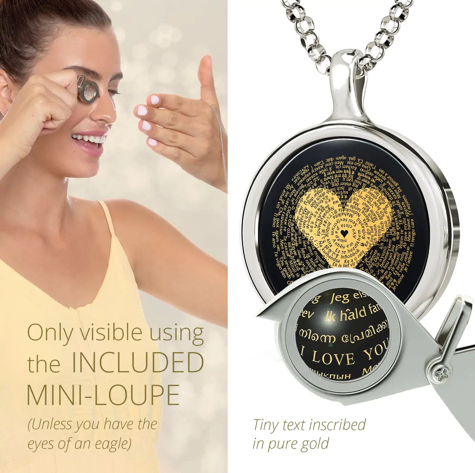 a woman wearing a necklace with a heart on it
