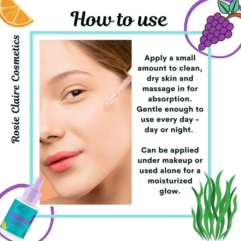 An instructional graphic explaining how to use Rosie Claire Cosmetics Grape Hyaluronic Acid Antioxidant Serum, emphasizing its gentle application suitable for any skin type. This hyaluronic acid serum is a blend of vitamin C and antioxidants, making it perfect for skincare essentials. Get it from Blooming Violets with free shipping.