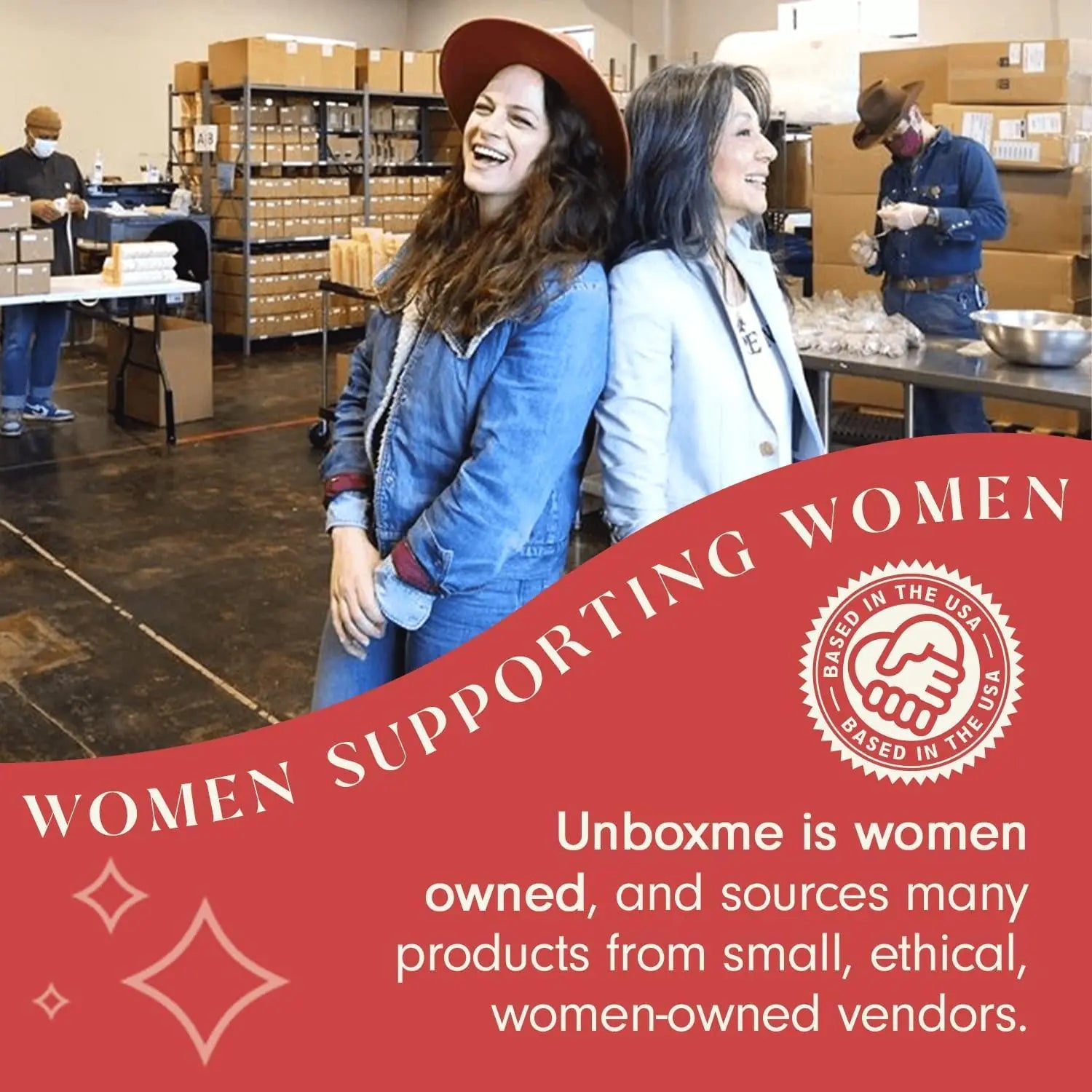 two women standing next to each other in a warehouse