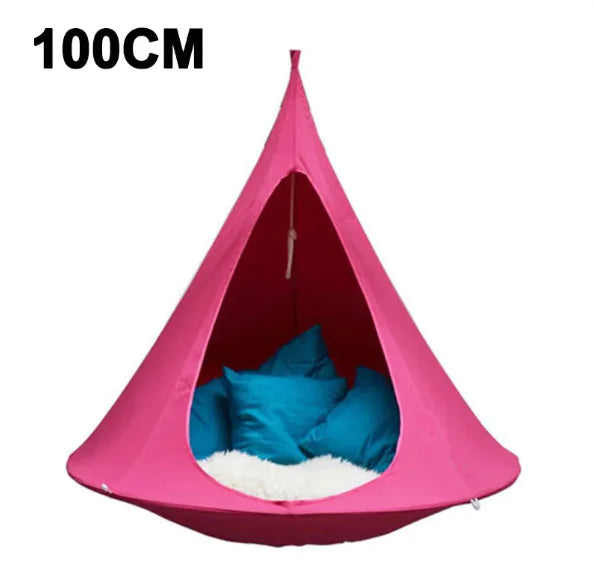 Blooming Violets Outdoor Air Hanging Hammock Tent Cone Chair in pink, featuring plush cushions for maximum comfort. This hammock tent chair is designed to be lightweight, portable, and easy to install, providing a strong bearing capacity for enjoyable outdoor swinging.