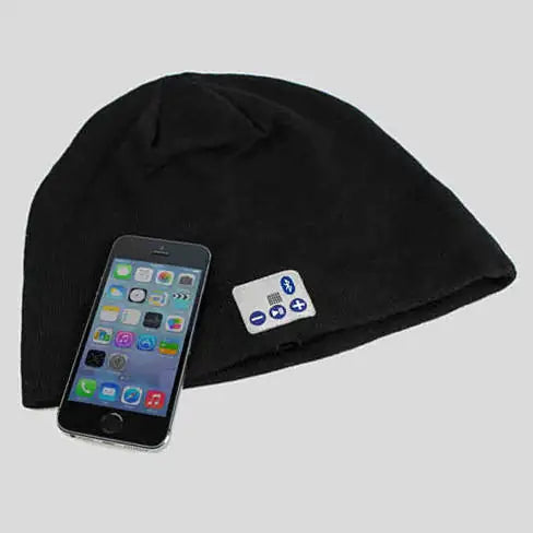 a black beanie hat with a cell phone on top of it