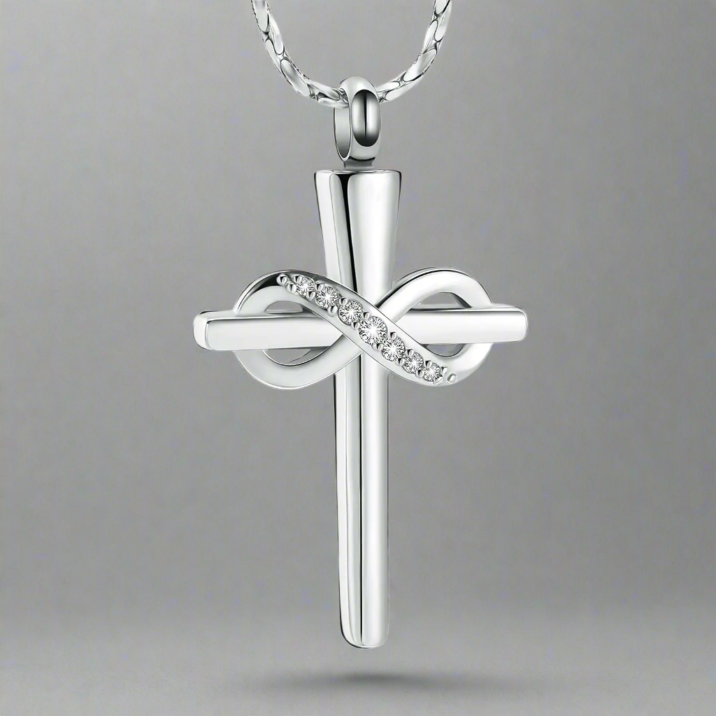 Imrsanl Infinity Love Cross Cremation Jewelry Ashes Religious Cross Urn Pendant Necklace for Women Men Pet Ashes Memorial Keepsake Jewelry in silver, set against a subtle grey background. This elegant piece is perfect for women and men looking for a meaningful way to keep memories alive, blending catholic beliefs with a sense of everlasting love and inspiration.