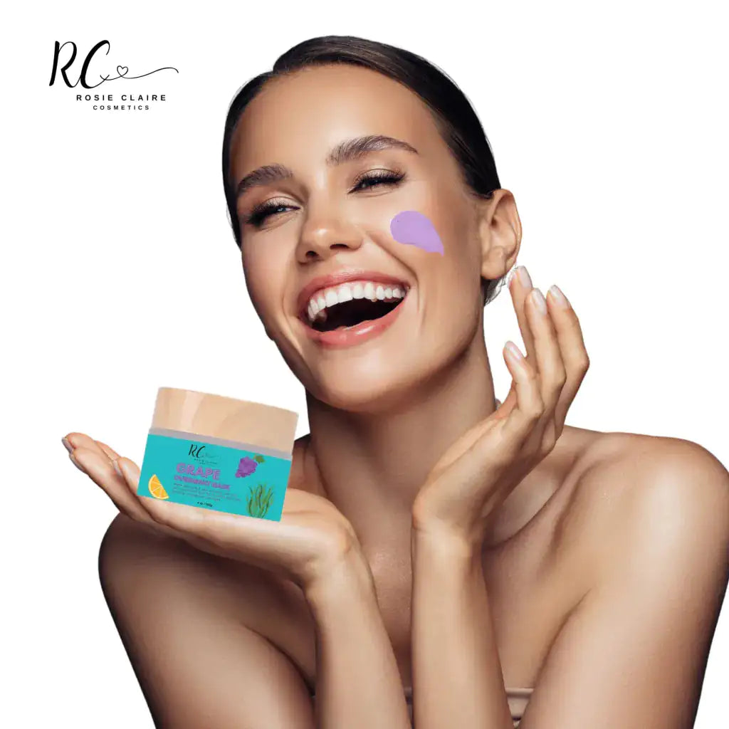 A woman smiling while applying Rosie Claire's Overnight Hydrating Antioxidant Vitamin C Hyaluronic Acid Sleeping Facial Mask to her face. This joyful skincare moment highlights the mask's hydrating benefits, making it a must-have for individuals seeking complete overnight skincare solutions. Order now from Blooming Violets and enjoy free shipping!