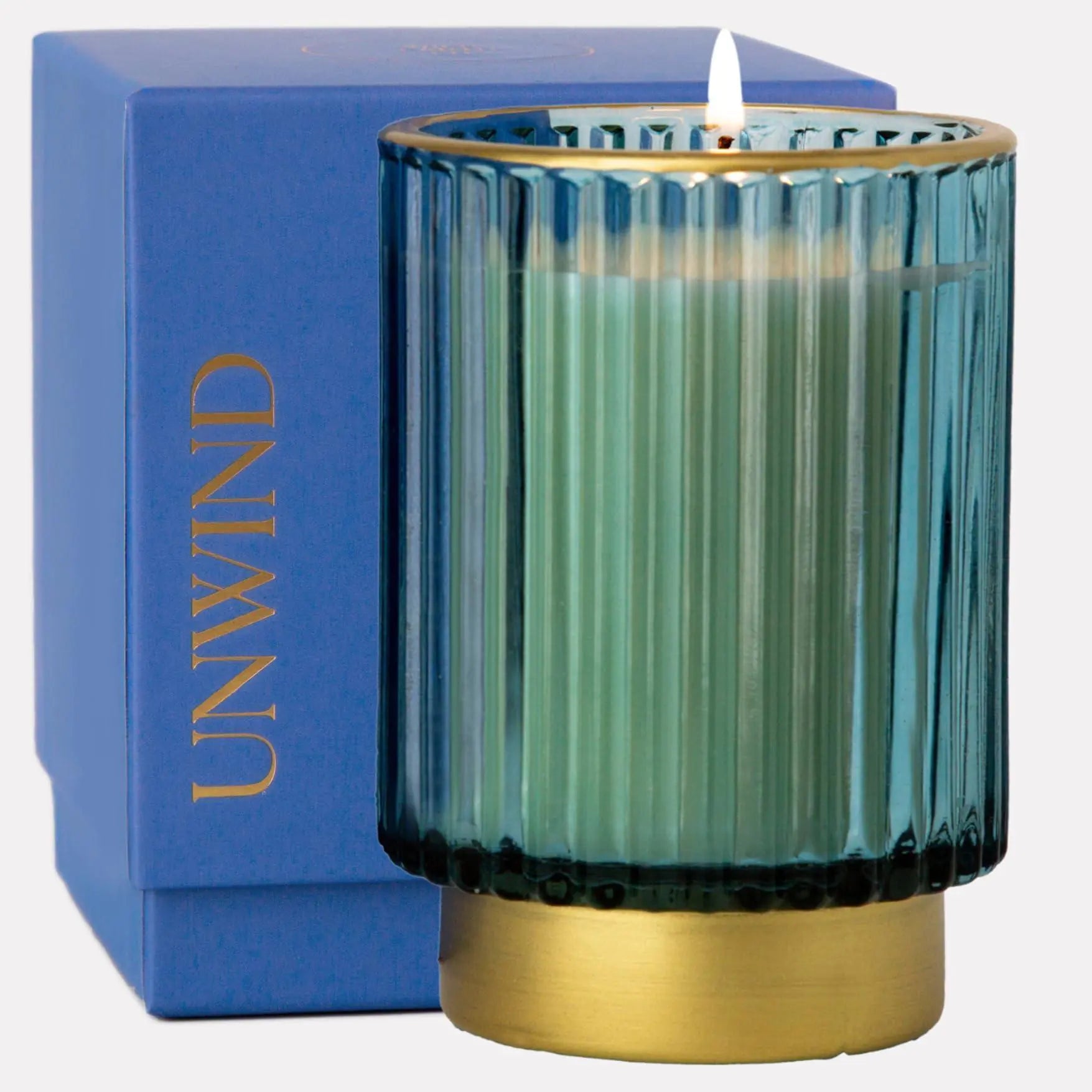 a blue box with a candle inside of it
