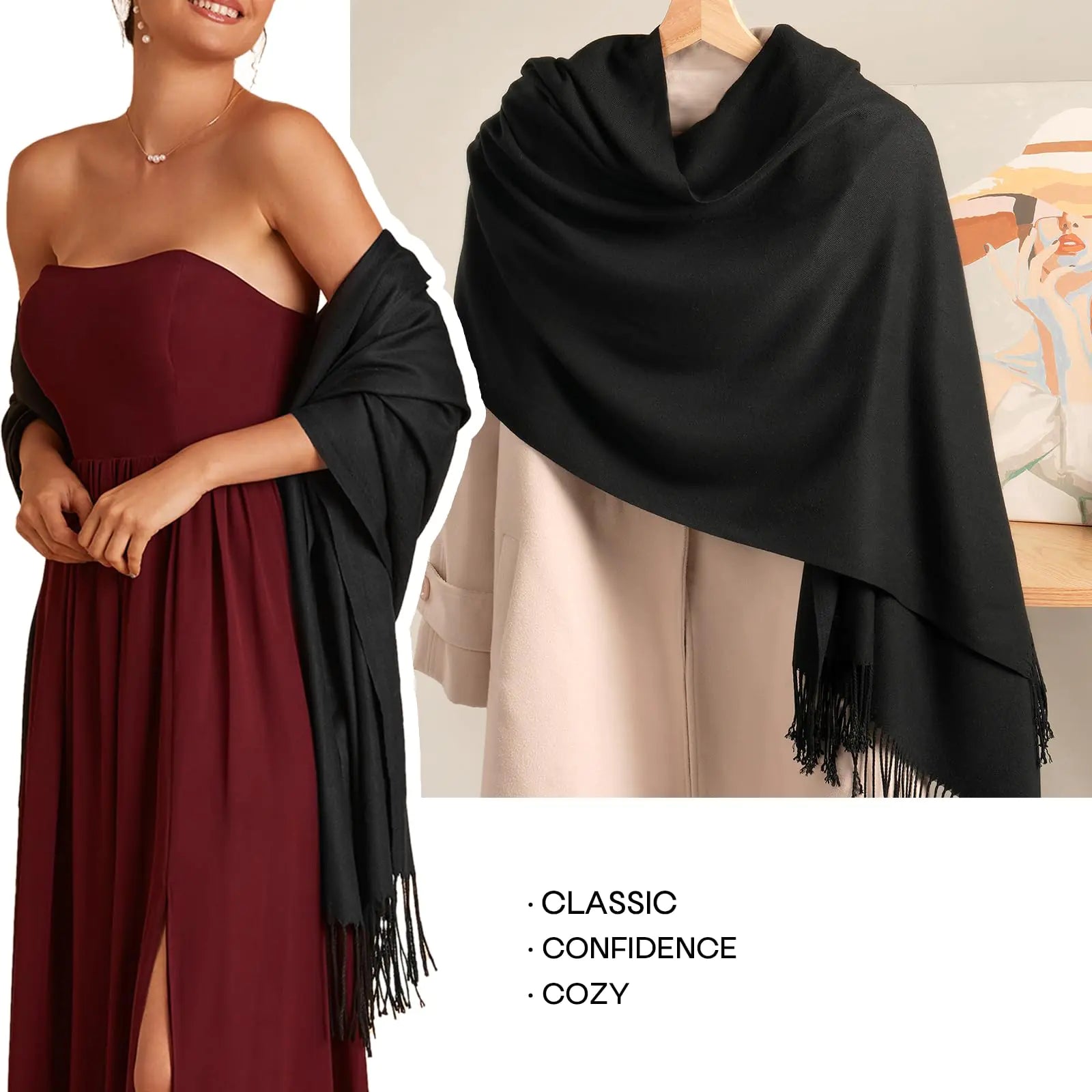 a woman wearing a dress and a black shawl