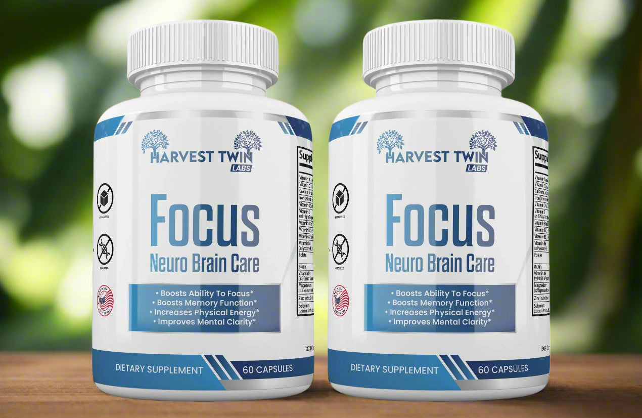 Two bottles of Neuro Plus Brain and Focus by Blooming Violets positioned together, highlighting this focus and concentration aid's role in boosting memory and physical energy levels. These brain supplements cater to natural personal care enthusiasts, further supporting ADHD management. Each bottle contains 60 capsules and is available for free shipping.