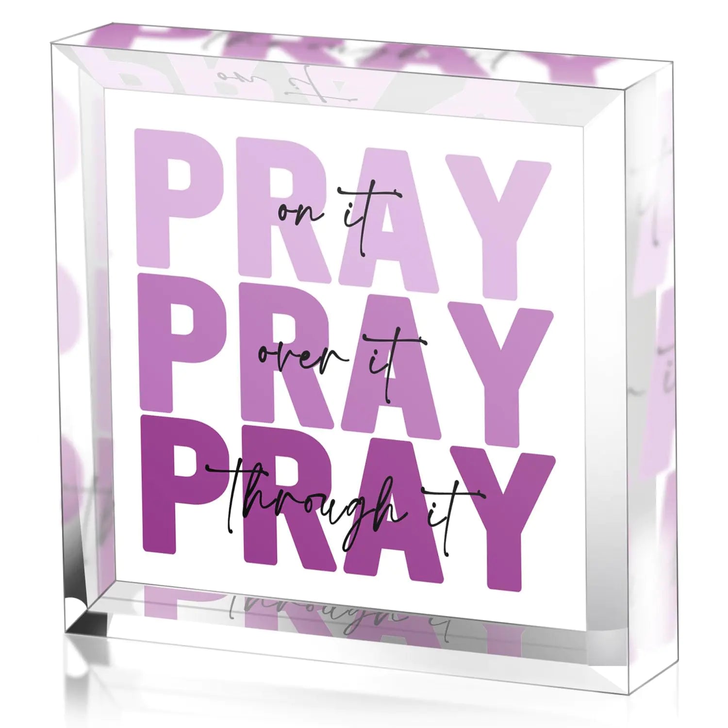 Zaxek Purple Christian Gifts for Women from Blooming Violets, featuring a clear acrylic plaque with motivational words 'PRAY on it, PRAY over it, PRAY through it.' A perfect addition for a religious-themed home decor and ideal as gifts for ladies celebrating their faith.