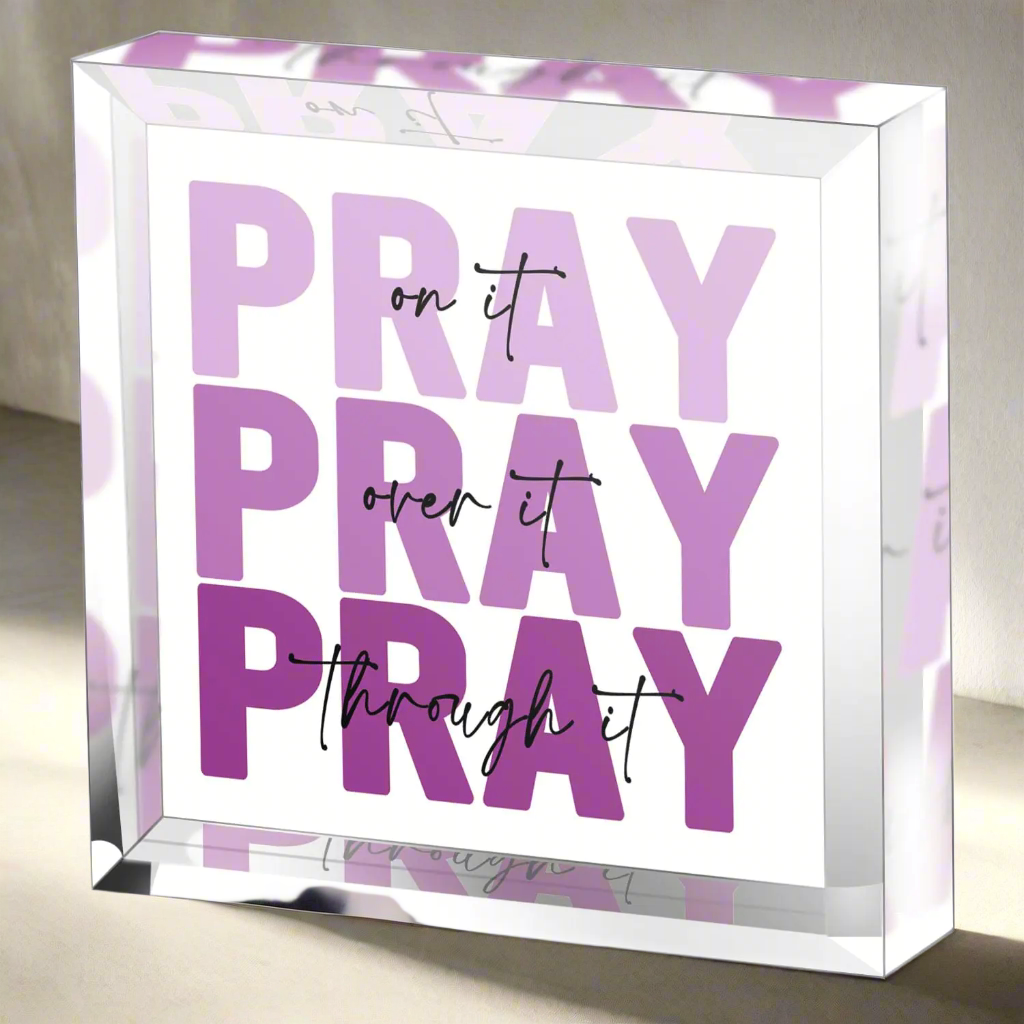 Zaxek Purple Christian Gifts for Women from Blooming Violets, featuring an elegant plaque that reads 'PRAY on it, PRAY over it, PRAY through it.' This unique religious decor is perfect for women looking for faith-focused gifts, blending style and inspiration beautifully.