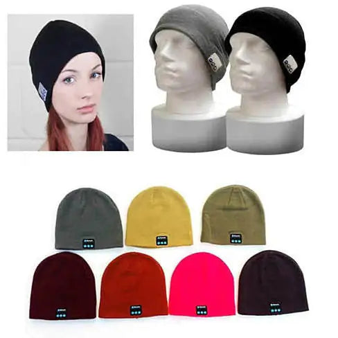a woman wearing a beanie hat with ear tags