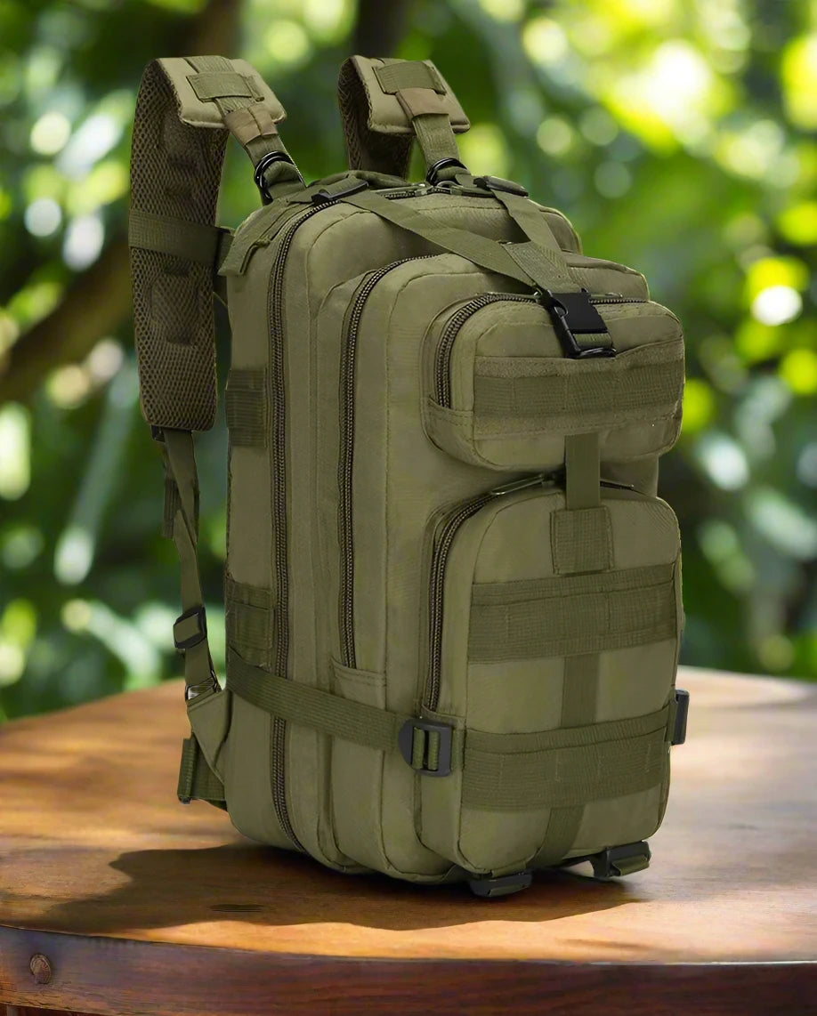 a backpack sitting on top of a wooden table
