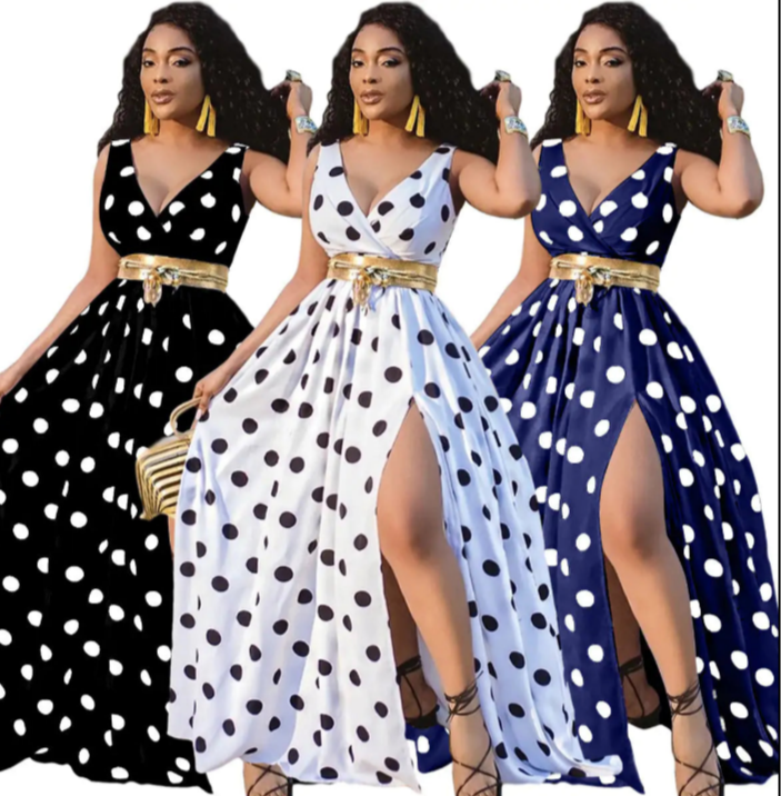 three women in dresses with polka dots on them