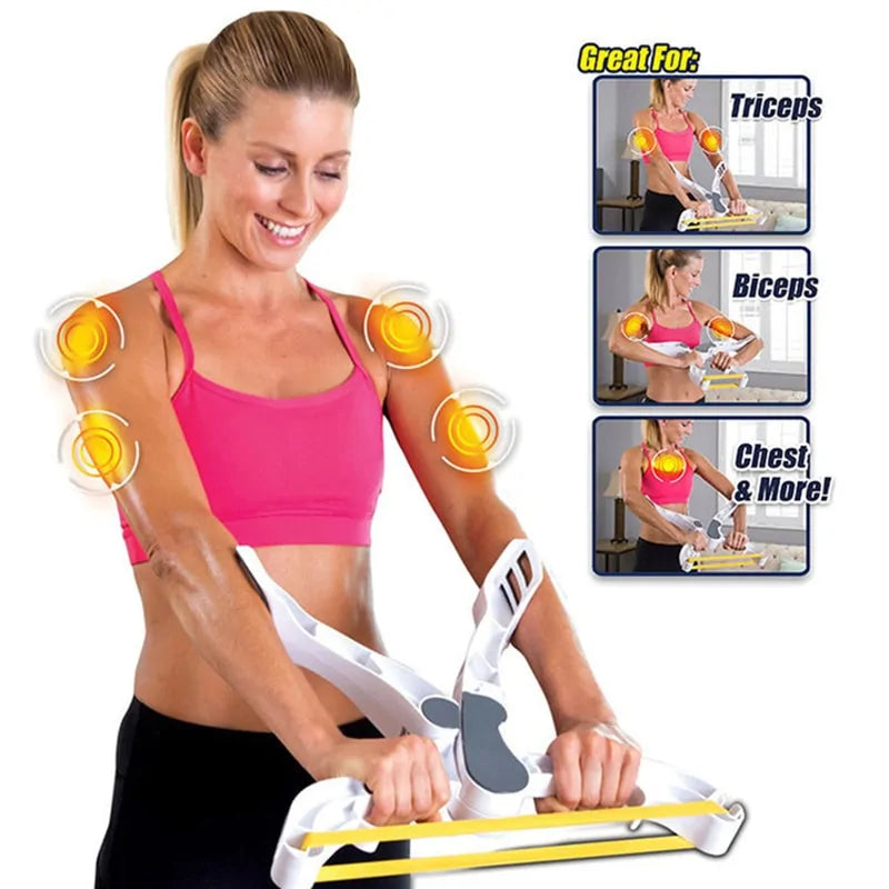 a woman holding a pair of exercise equipment