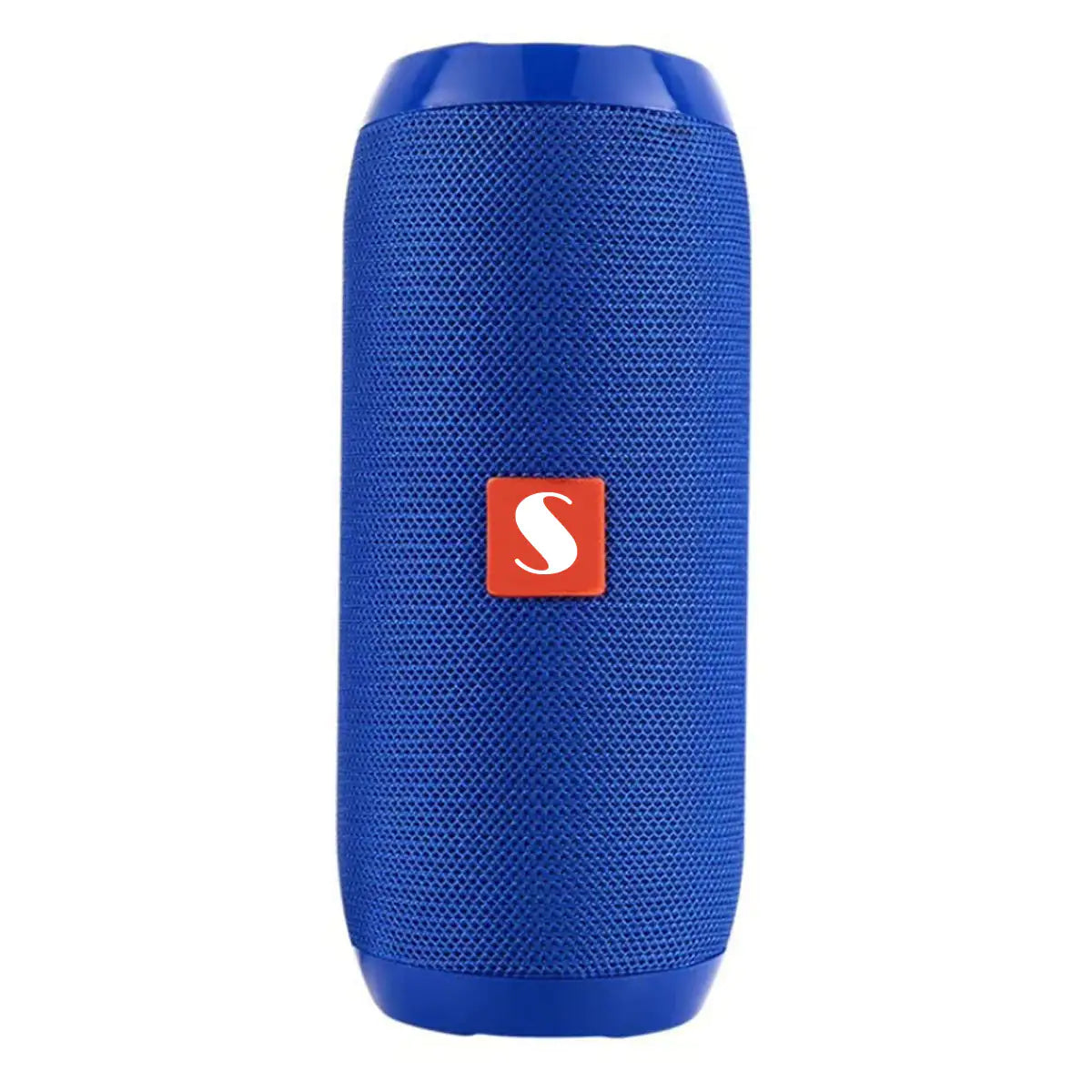 a blue portable speaker on a white background