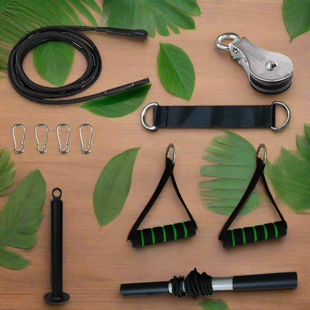 a variety of sports equipment laid out on a table