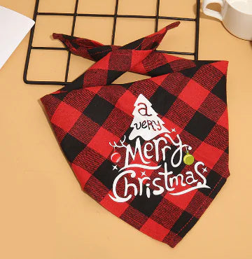a red and black plaid bandana with a merry christmas tree on it