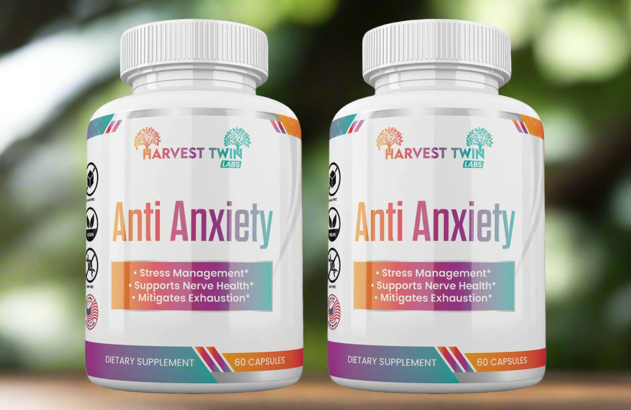 A duo of Harvest Twin Labs Anti-Anxiety supplements showcasing their stress reduction properties. This stress reduction supplement aims for natural health, promoting lower cortisol levels and improved mood, ideal for anxiety relief. Free shipping from Blooming Violets adds value.