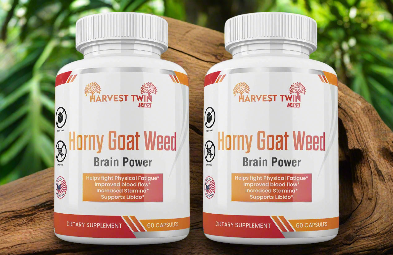 Three-bottle setup of Horny Goat Weed Blend from Blooming Violets, promoting enhancements in blood flow and stamina for men. This natural supplement focuses on libido and endurance, perfect for those looking into male enhancement herbs and benefiting from free shipping options.