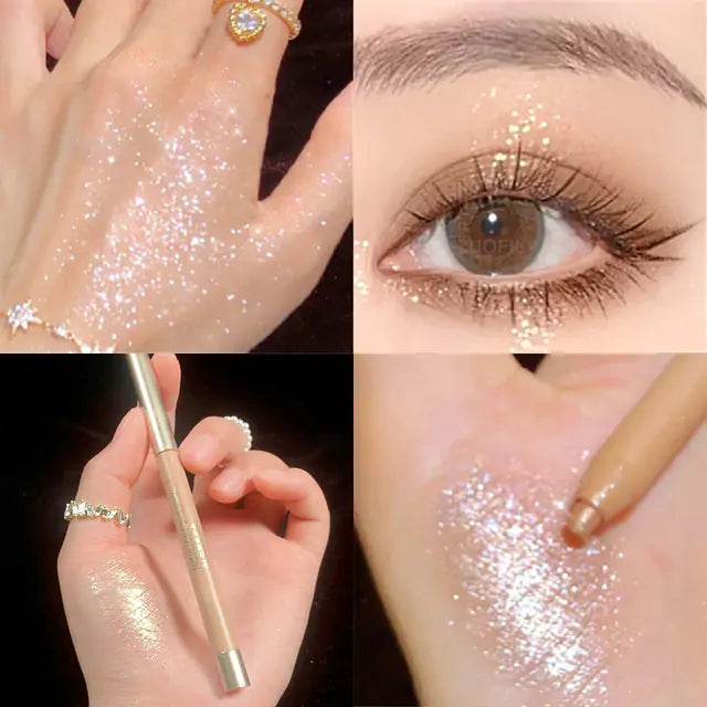 a collage of photos of a woman's eye with glitter on it