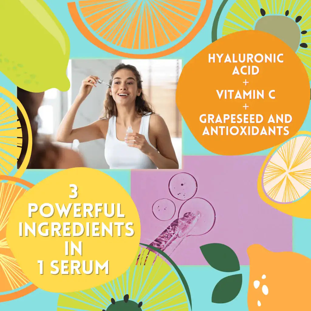 A person happily applying Rosie Claire Cosmetics Grape Hyaluronic Acid Antioxidant Serum, demonstrating its ease of use and effectiveness. This hyaluronic acid serum, enriched with vitamin C and antioxidants, fits perfectly into any skincare routine. Available from Blooming Violets with free shipping, it’s a must-have for skincare essentials.
