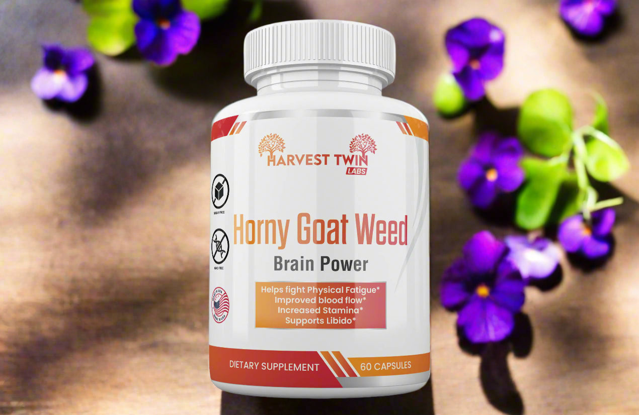 Bottle of Horny Goat Weed Blend by Blooming Violets, showcasing a dietary supplement aimed at enhancing male libido, stamina, and blood flow for men; ideal for those seeking natural solutions to improve endurance and focus. Perfect for those interested in male enhancement herbs and offering free shipping.