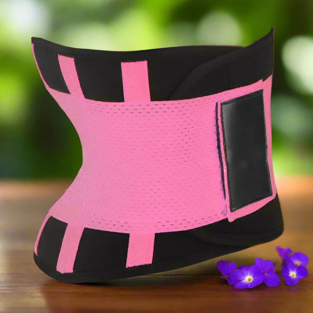 a pink and black corset sitting on top of a wooden table