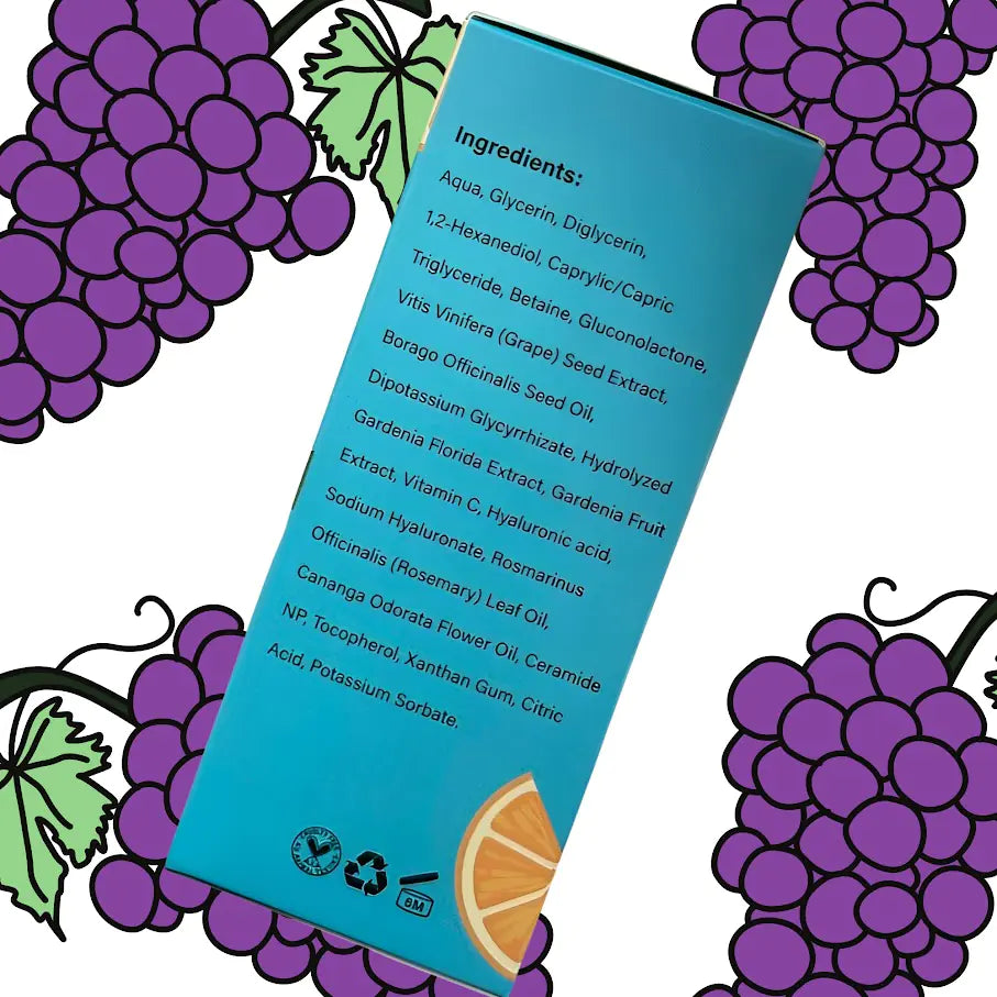 A detailed ingredient list of Rosie Claire Cosmetics Grape Hyaluronic Acid Antioxidant Serum, showcasing the blend of antioxidants and hyaluronic acid designed for optimal skin health. This serum, available at Blooming Violets, is a popular choice for skincare lovers, offering free shipping and effective skincare essentials.