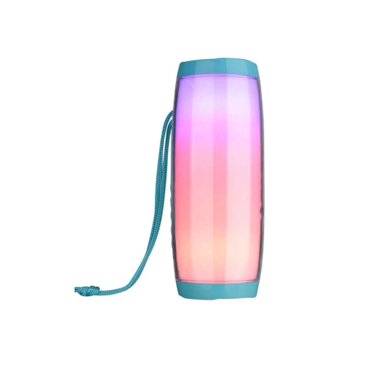 a blue and pink portable speaker on a white background