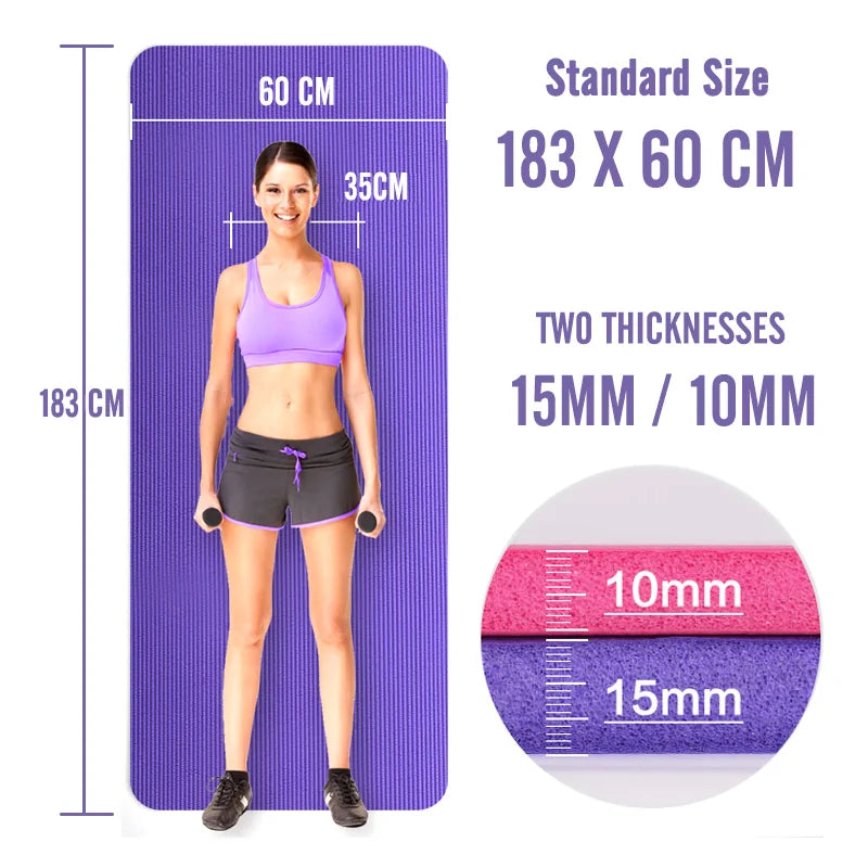 a woman standing next to a purple mat with measurements