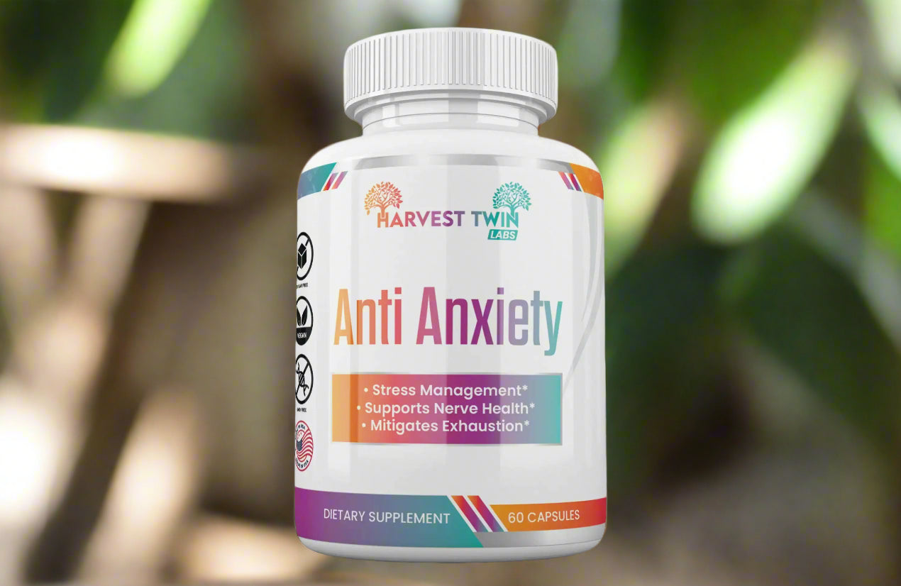 Harvest Twin Labs Anti-Anxiety supplement helps in stress reduction, featuring a design that emphasizes calming effects, mood balance, and natural health benefits. This stress reduction supplement promotes lower cortisol levels and anxiety relief, available with free shipping from Blooming Violets.